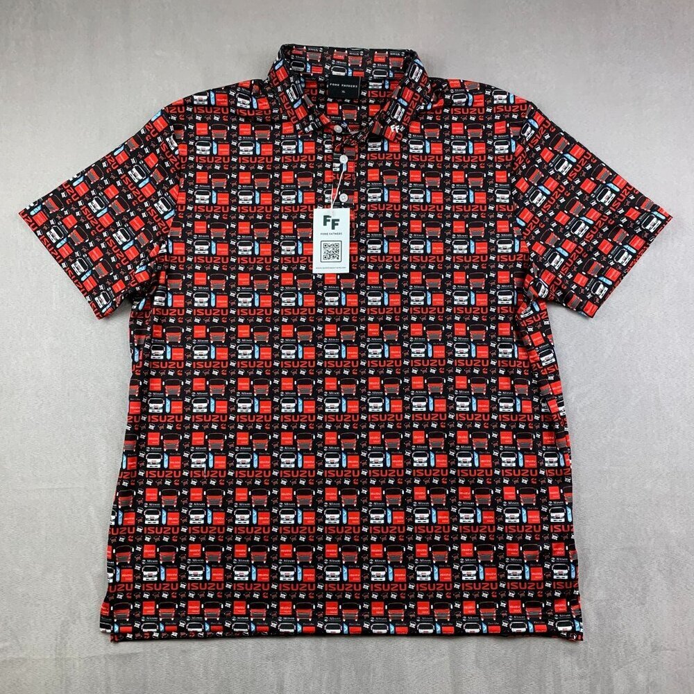Fore Fathers Men Shirt XL Red All Over Print Polo Isuzu Trucks Cars Driving Golf